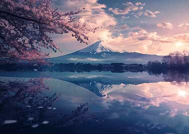 Mount Fuji Reflection with Cherry Blossoms