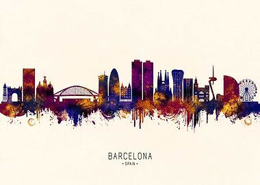 Barcelona Skyline Watercolor Art