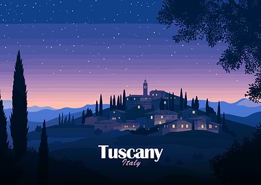 Tuscany Italy Night Landscape Illustration