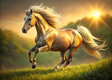 Golden Horse Galloping at Sunset