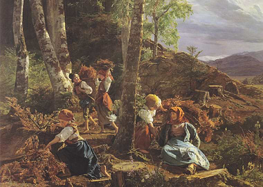 Gathering Wood in a Forest Painting