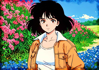 Anime Girl in Floral Landscape