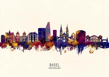 Basel Switzerland Skyline Watercolor