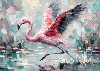 An Impressionistic Painting of a Flamingo in Water