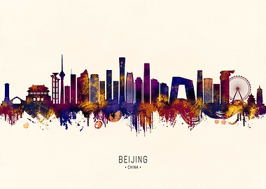 Beijing Skyline Watercolor Silhouette