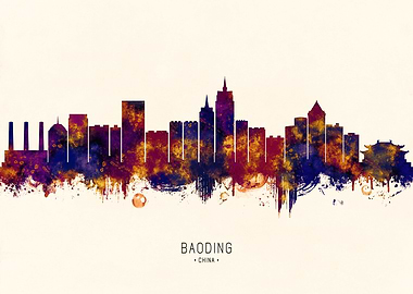 Baoding China Skyline Watercolor Silhouette