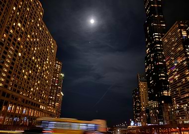 Cityscape at Night with Moon