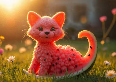 Whimsical Watermelon Cat in Sunny Meadow