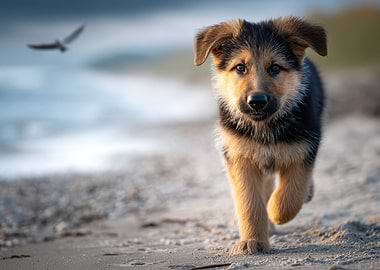 German Shepherd Puppy on Beach
