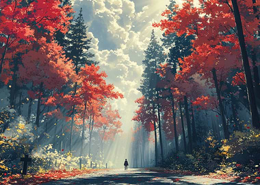 Autumn Forest Path with Figure