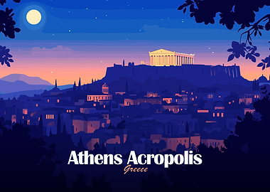 Athens Acropolis Greece Nightscape Illustration