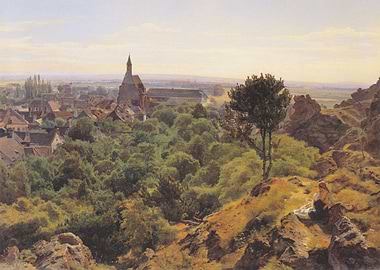 Landscape painting with town and forest