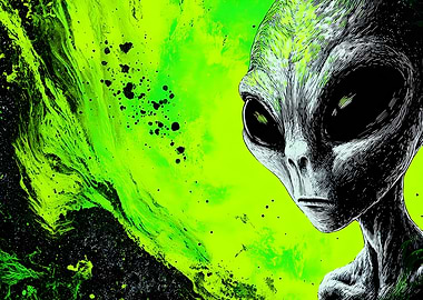 Alien Portrait with Green Abstract Background