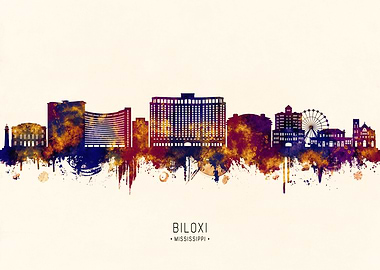 Biloxi Mississippi Skyline Watercolor Silhouette