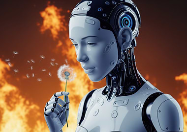 Humanoid Robot Blowing on Dandelion in Fiery Background