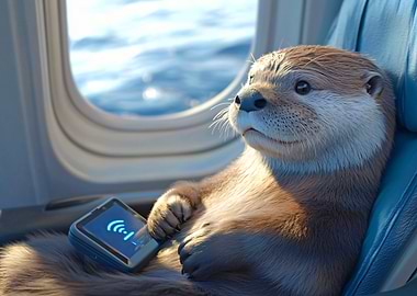 Otter on Airplane with Tablet