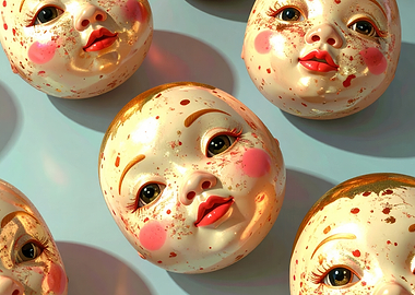 Creepy Doll Faces on Blue Background