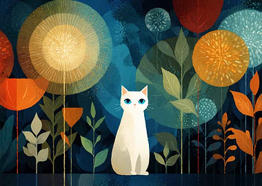 White Cat in Abstract Floral Garden