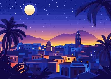 Night Cityscape with Palm Trees