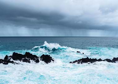 Stormy Ocean Waves Crashing on Rocks