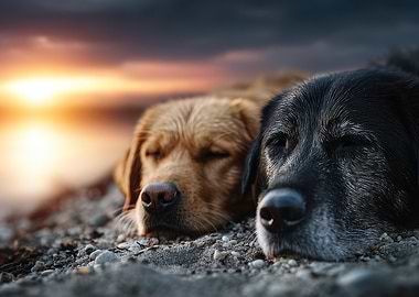 Two dogs sleeping at sunset