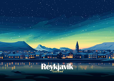 Reykjavik Iceland Nightscape Illustration