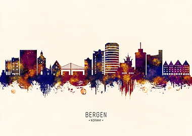 Bergen, Norway Skyline Watercolor