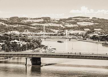 Linz, Austria - Sepia toned cityscape with bridges