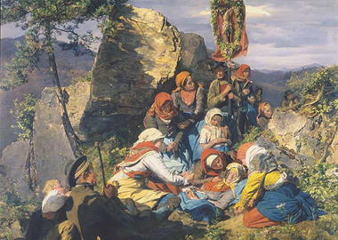 Pilgrims Resting by Rocky Outcrop Painting