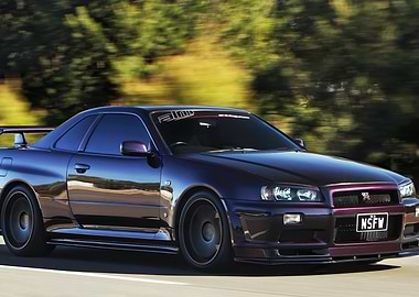 Purple Nissan Skyline R34 on Road