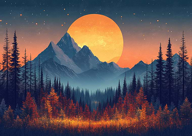 Mountain Landscape with Full Moon