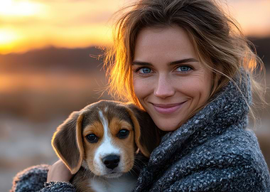 Woman Holding Beagle Puppy at Sunset