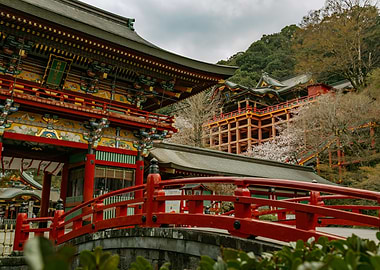 Japanese Temple with Red Bridge