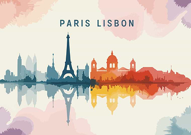 Paris and Lisbon Skyline Watercolor