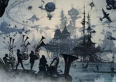 Steampunk Cityscape with Musicians