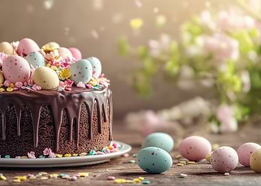 Easter Cake with Chocolate Drip and Eggs