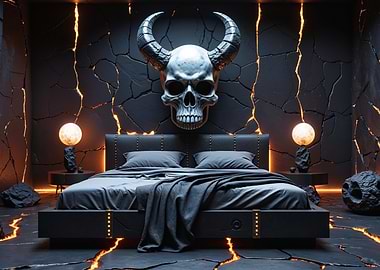 Gothic Concept Bedroom Design Featuring Cracked Walls and Skull Decor