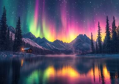 Aurora Borealis over Mountain Lake