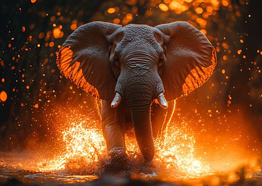 Elephant Splashing in Water, Golden Light