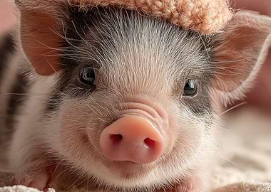 Cute Piglet with Hat Close-up
