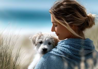 Woman with puppy on beach