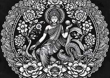 Indian Goddess Lakshmi Black and White Art