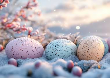 Pastel Easter Eggs in Snowy Landscape