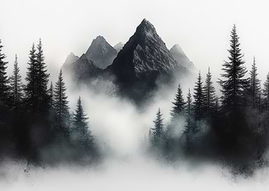 Monochromatic Mountain Forest in Fog