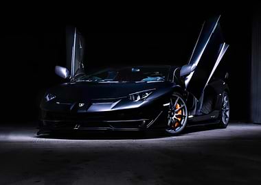 Sleek Black Lamborghini Aventador with Open Doors