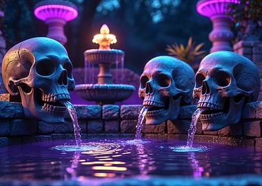 Skull Fountain with Neon Lights in Gothic Garden Setting