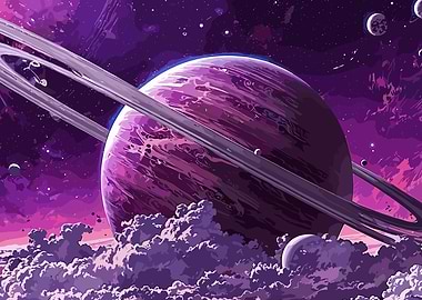 Purple Ringed Planet with Clouds