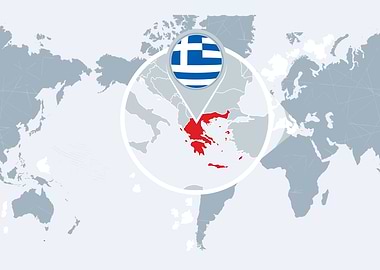 Greece on World Map with Flag