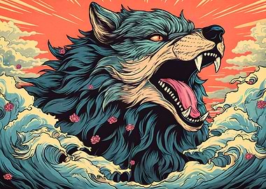 Stylized Wolf Head Ocean Waves