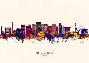 Birmingham England Skyline Watercolor Art